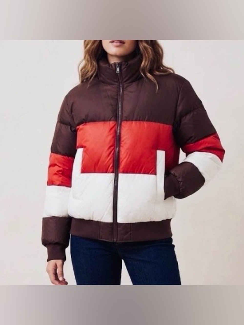Mango Colorblock Puffer Jacket - Brown, Red & White: Small
